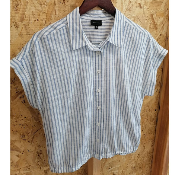 WHO WHAT WEAR Blue Striped Button Up Shirt Top Size Medium - Picture 5 of 9